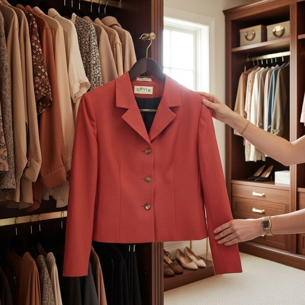 VTG Orvis Karen Blazer 8P Rust Burnt Orange Crop Wool Blend Suit Jacket 8 Petite - Picture 9 of 10